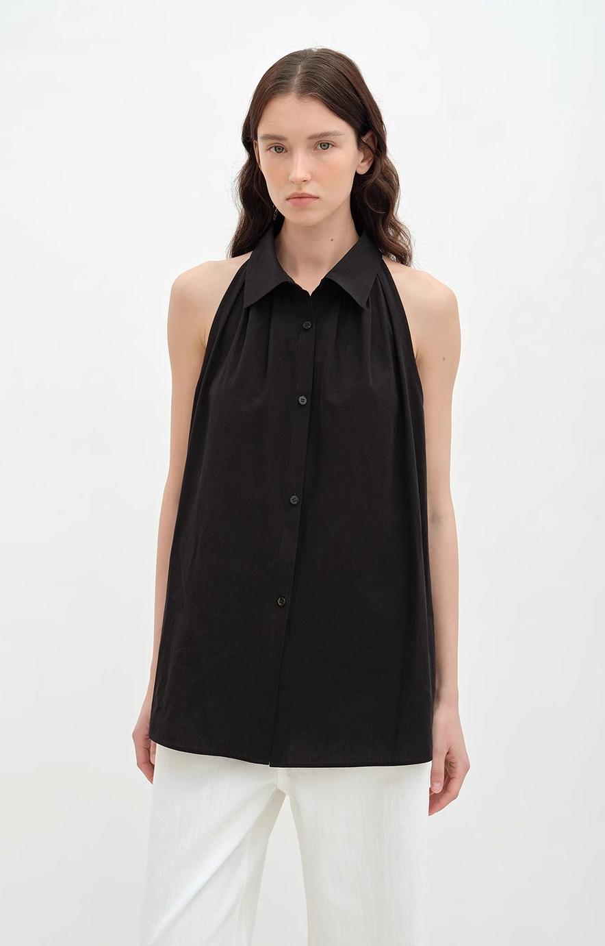 "Poland Island" imported pure cotton stand-up collar sleeveless striped shirt temperament top for women