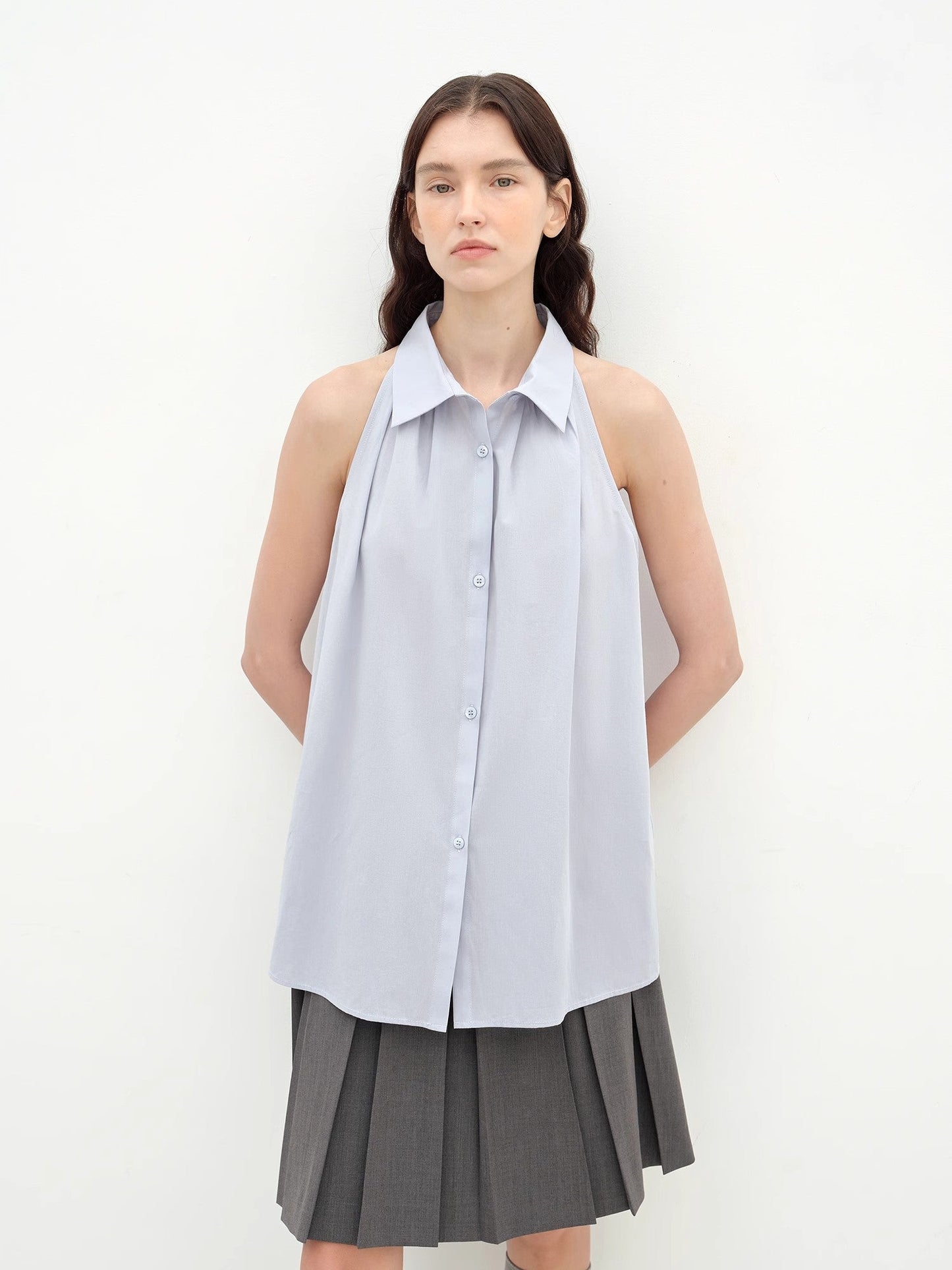 "Poland Island" imported pure cotton stand-up collar sleeveless striped shirt temperament top for women
