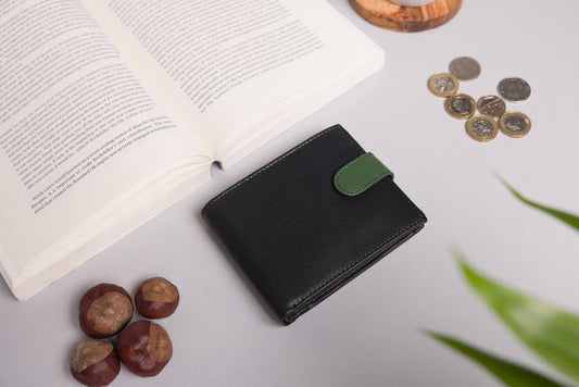 Cooper Allan Large Capacity Men's Bifold Black & Green Leather Wallet 30