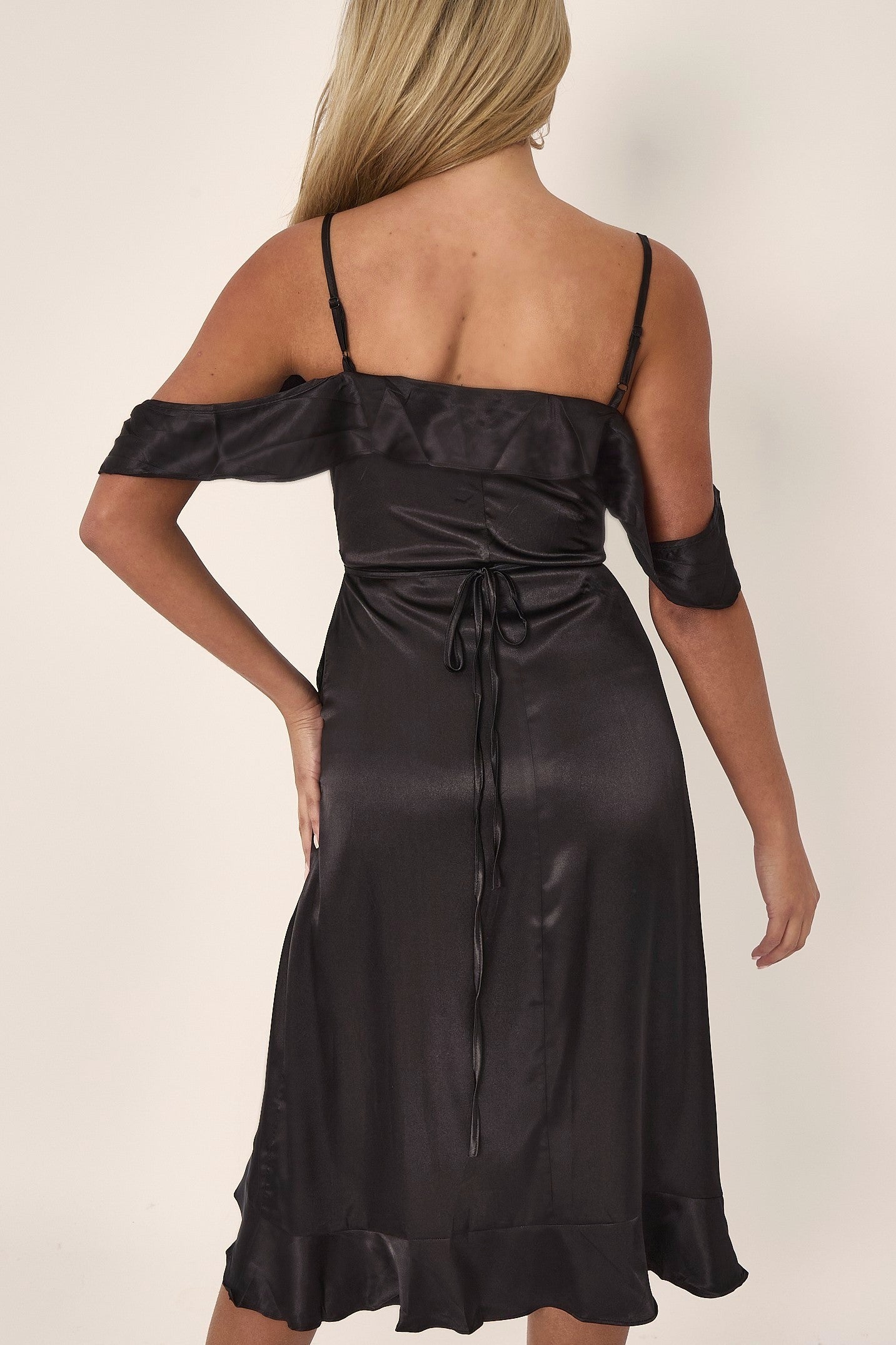 Black Off Shoulder Satin Midi Dress-4
