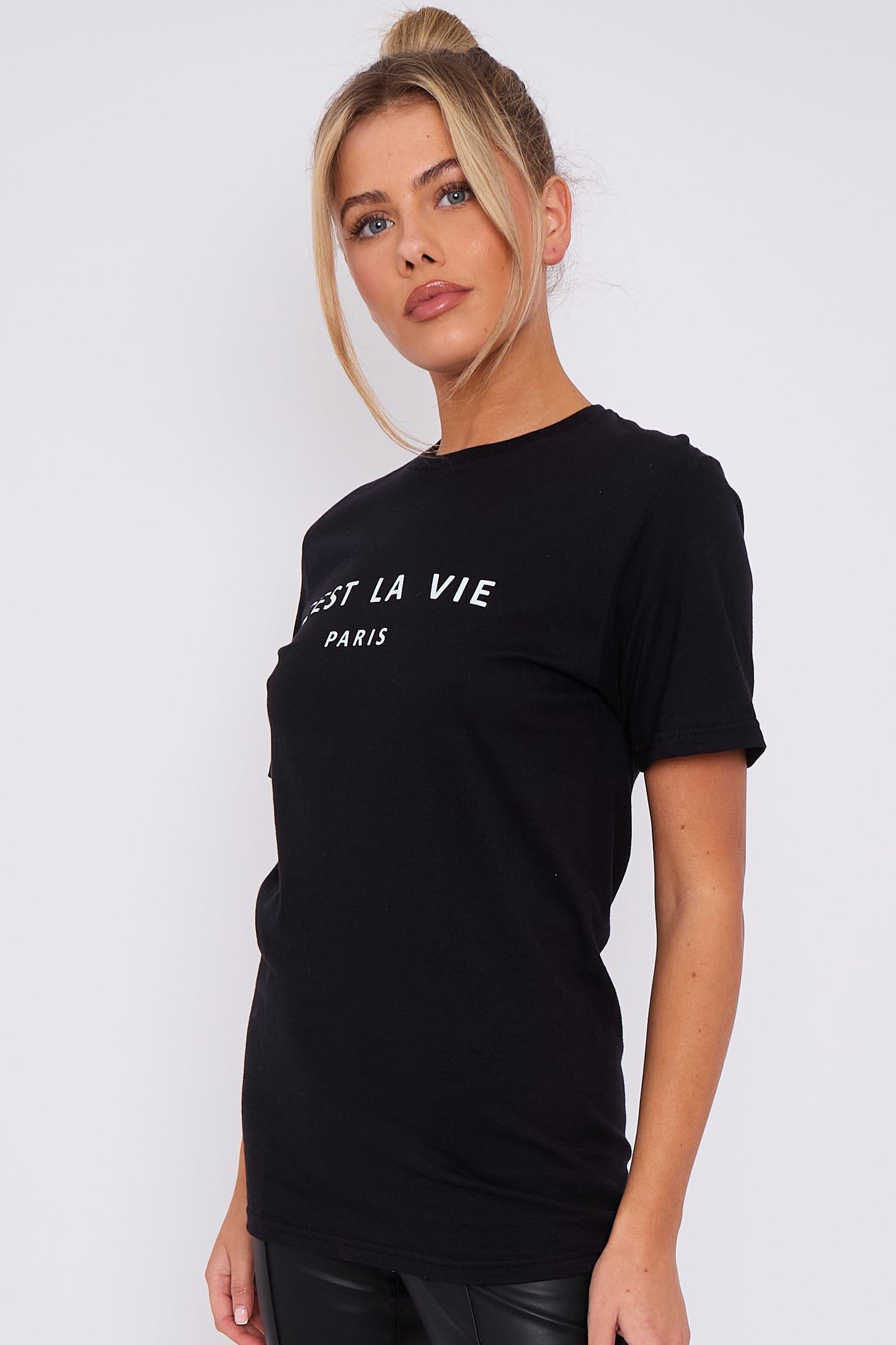 Black C'est La Vie Short Sleeve Round Neck T Shirt-3