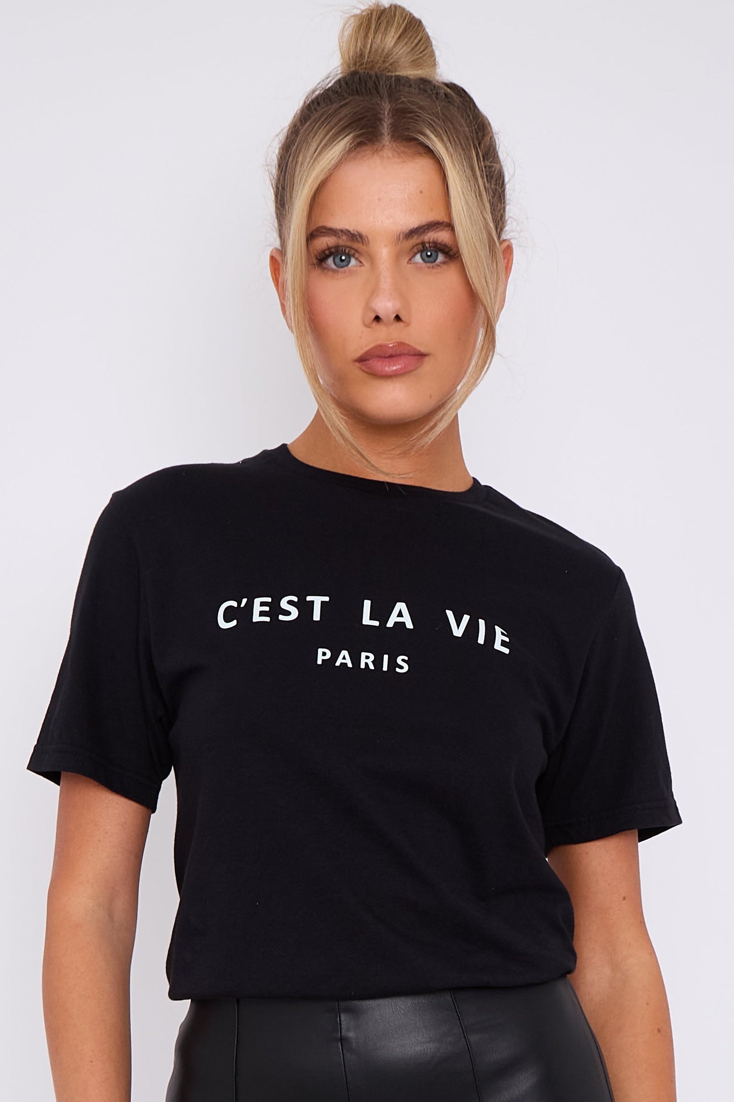 Black C'est La Vie Short Sleeve Round Neck T Shirt-2