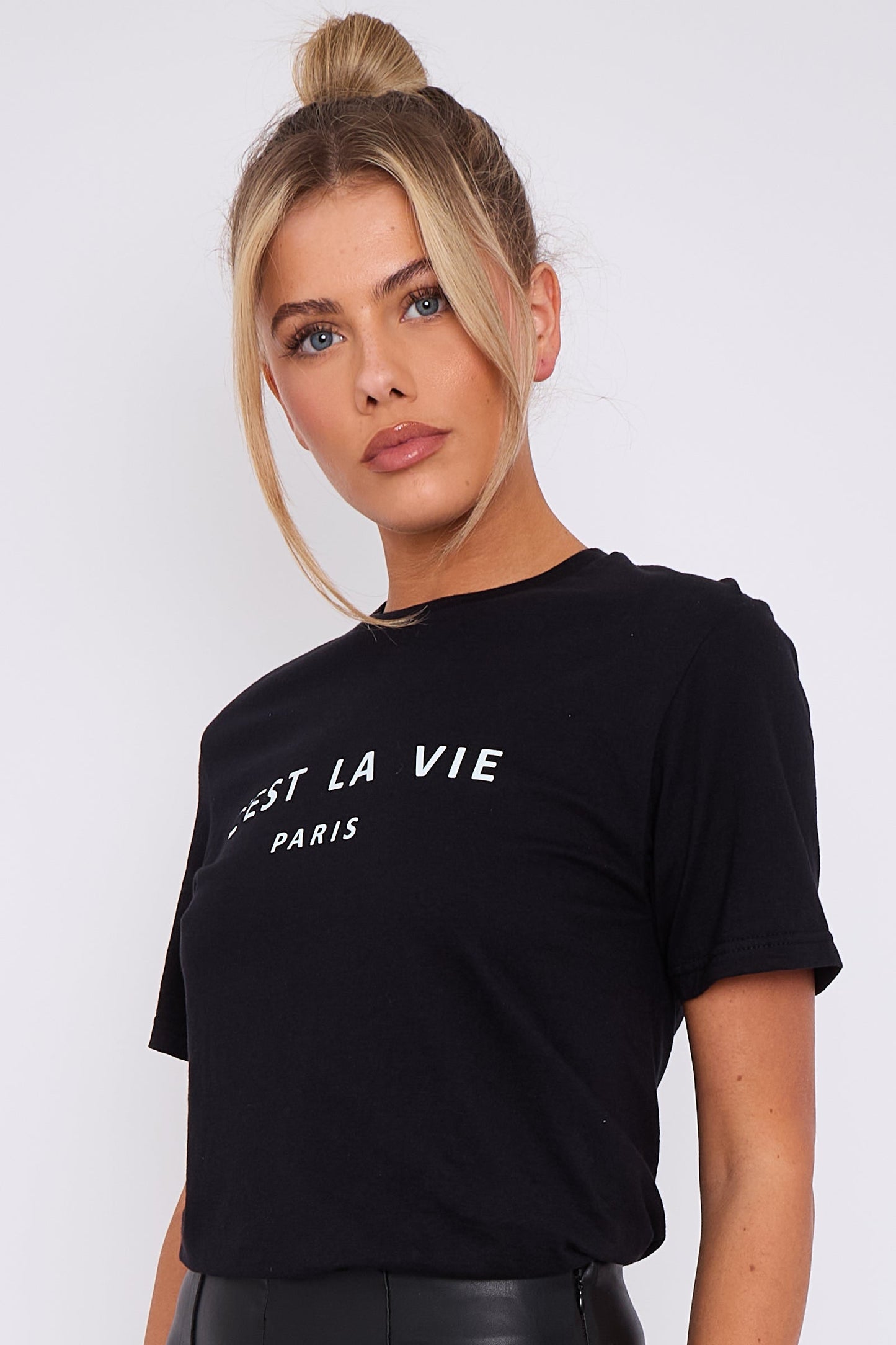 Black C'est La Vie Short Sleeve Round Neck T Shirt-1