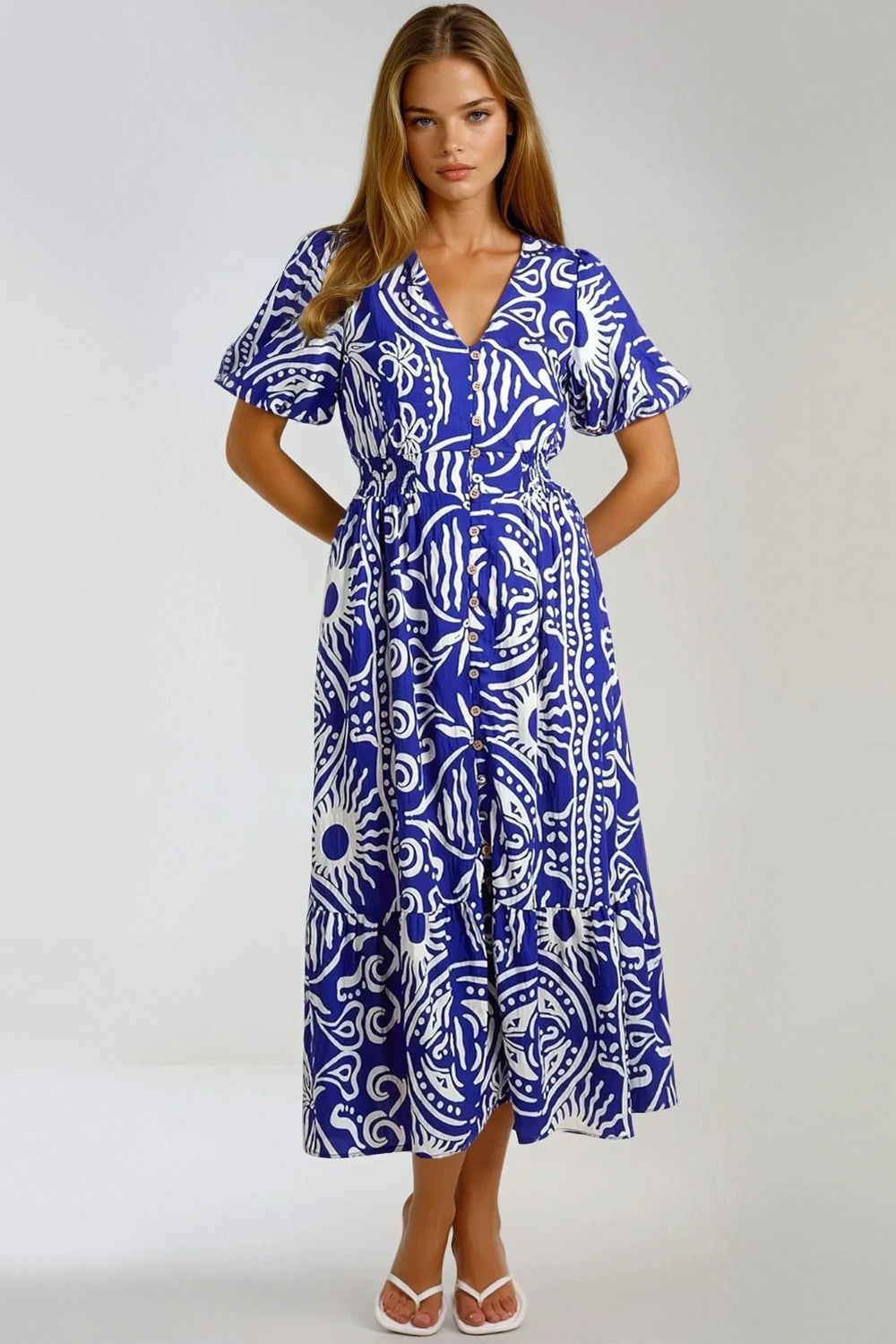Royal Blue Puff Sleeve Midi Dress-2