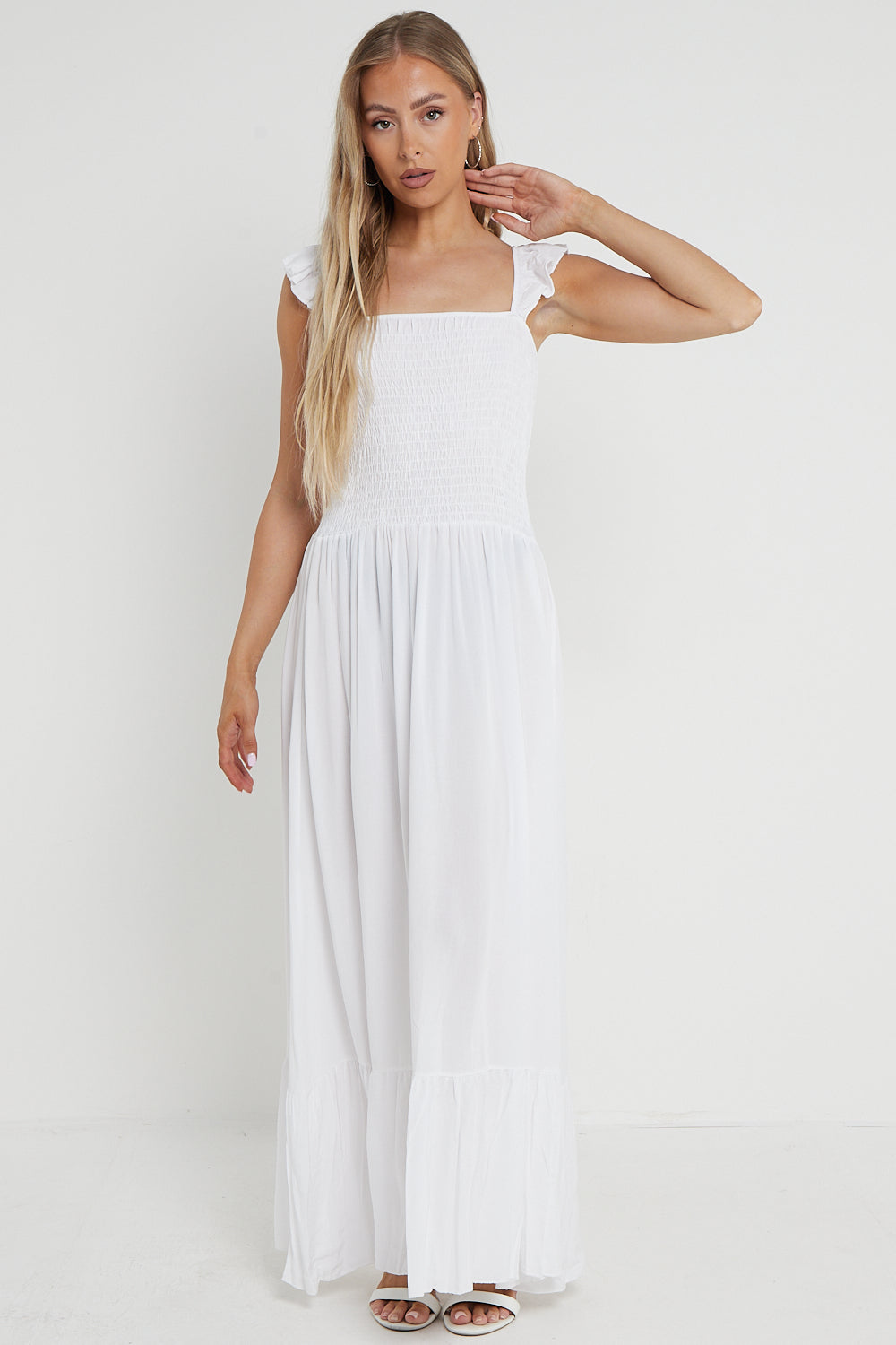 White Shirred Maxi Dress With Frill-2