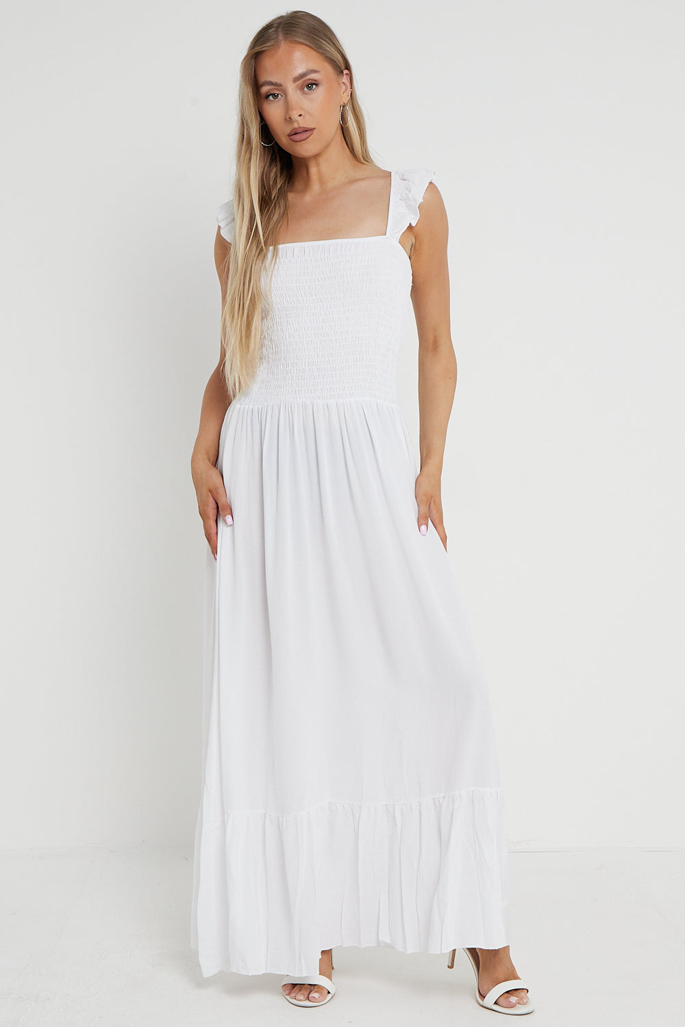 White Shirred Maxi Dress With Frill-1