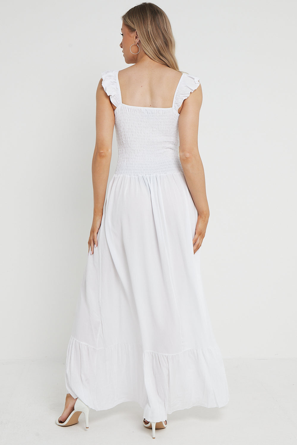 White Shirred Maxi Dress With Frill-3