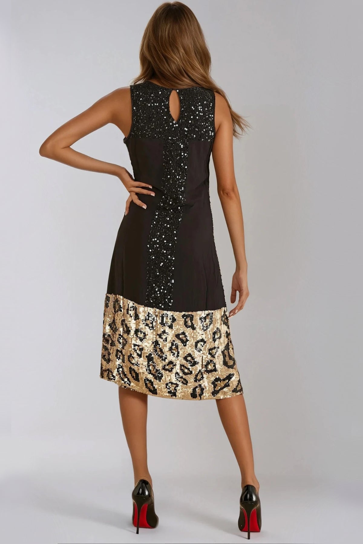 Black Gold Sequin Midi Dress with Leopard Trim-3
