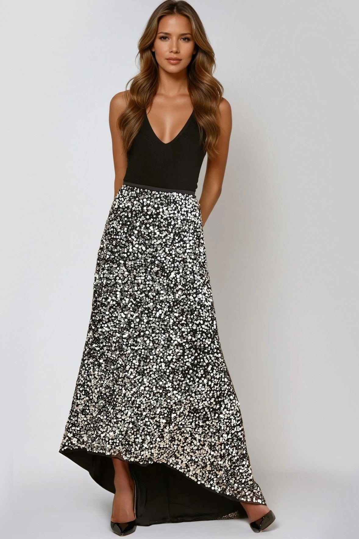 Black and Silver Sequin Maxi Skirt-0