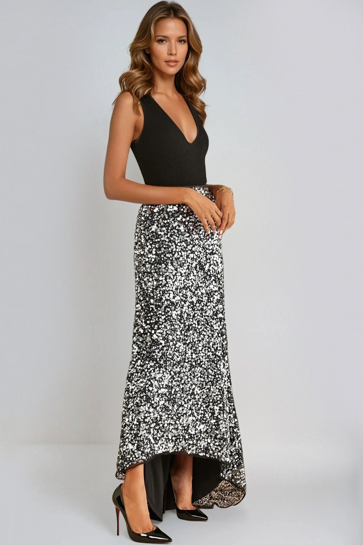Black and Silver Sequin Maxi Skirt-1