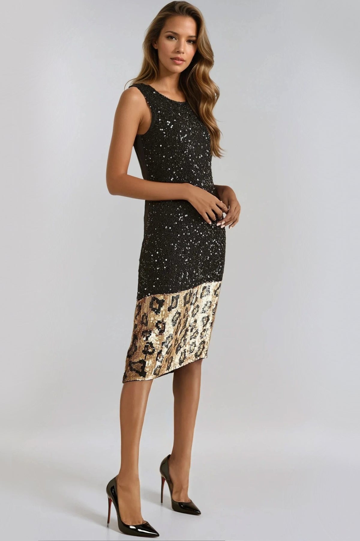 Black Gold Sequin Midi Dress with Leopard Trim-2