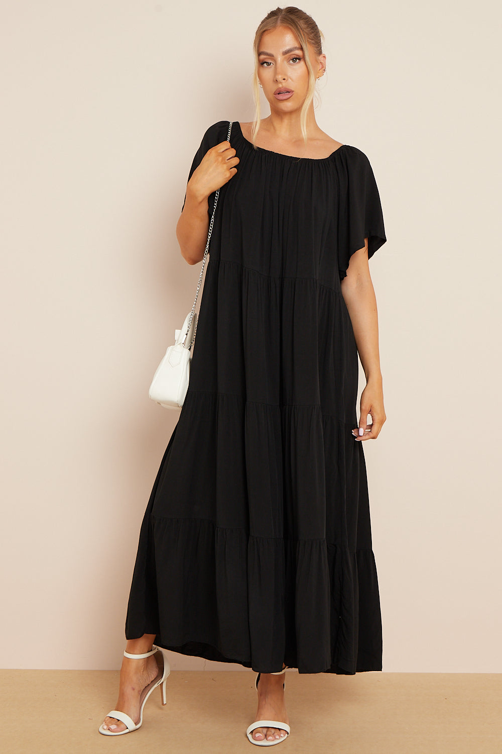 Black Tiered Off Shoulder Maxi Dress-1