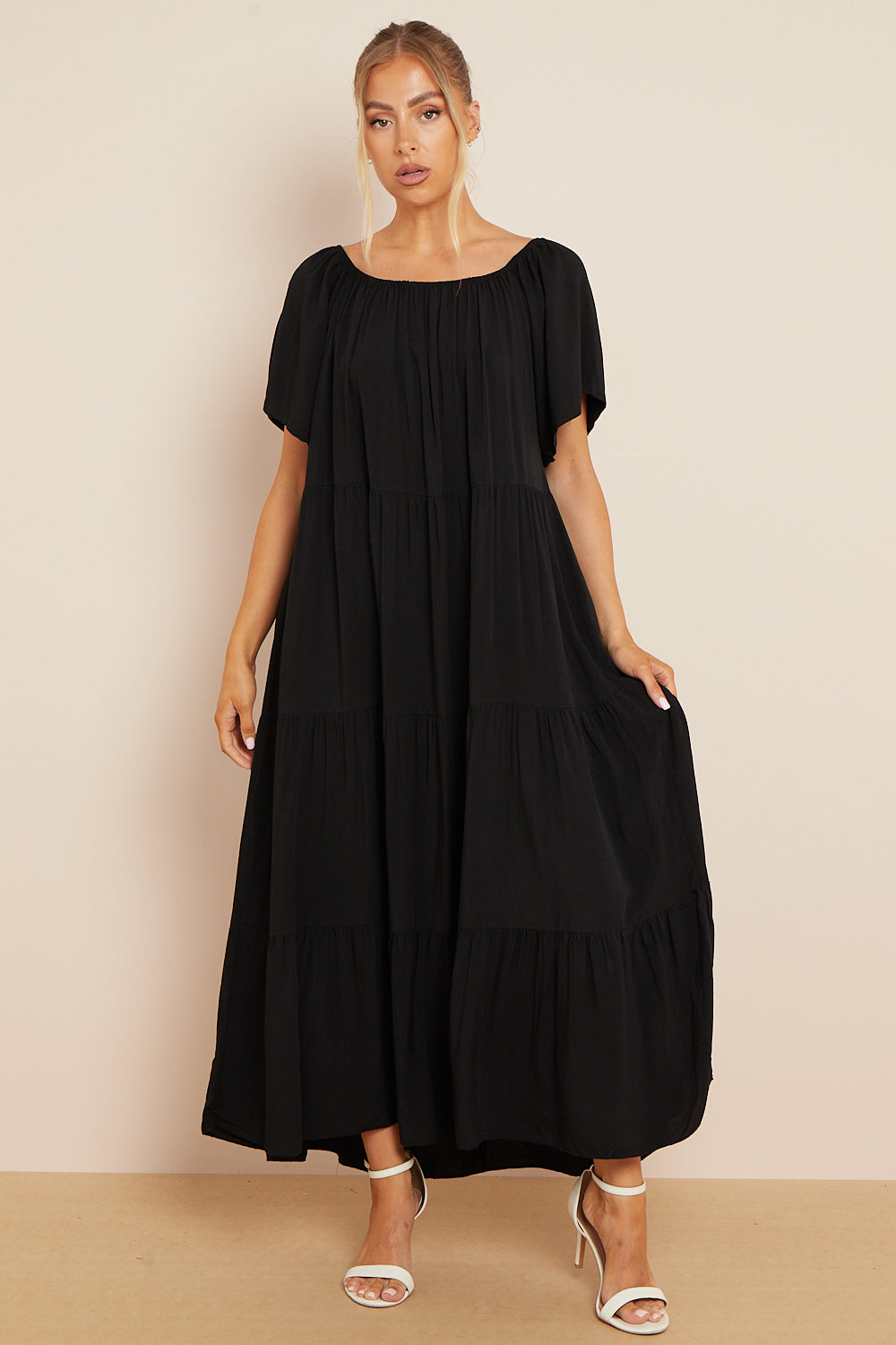 Black Tiered Off Shoulder Maxi Dress-2