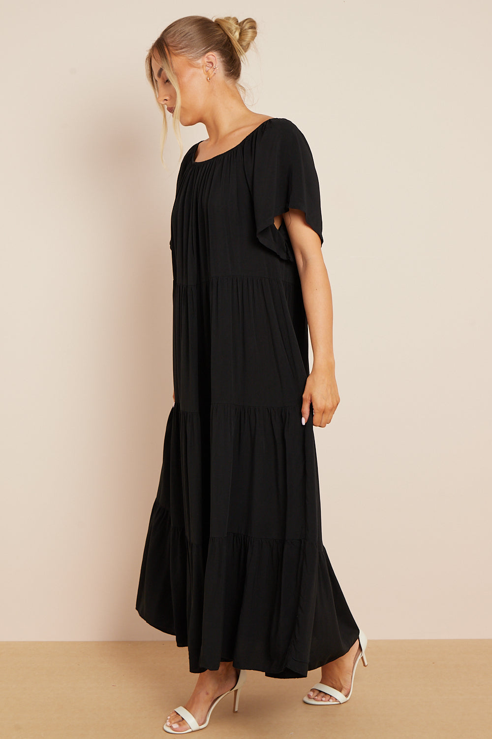 Black Tiered Off Shoulder Maxi Dress-3