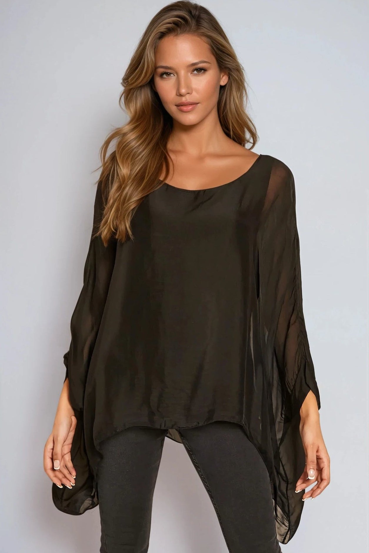 Black Silk Batwing Sleeve Round Neck Blouse-0