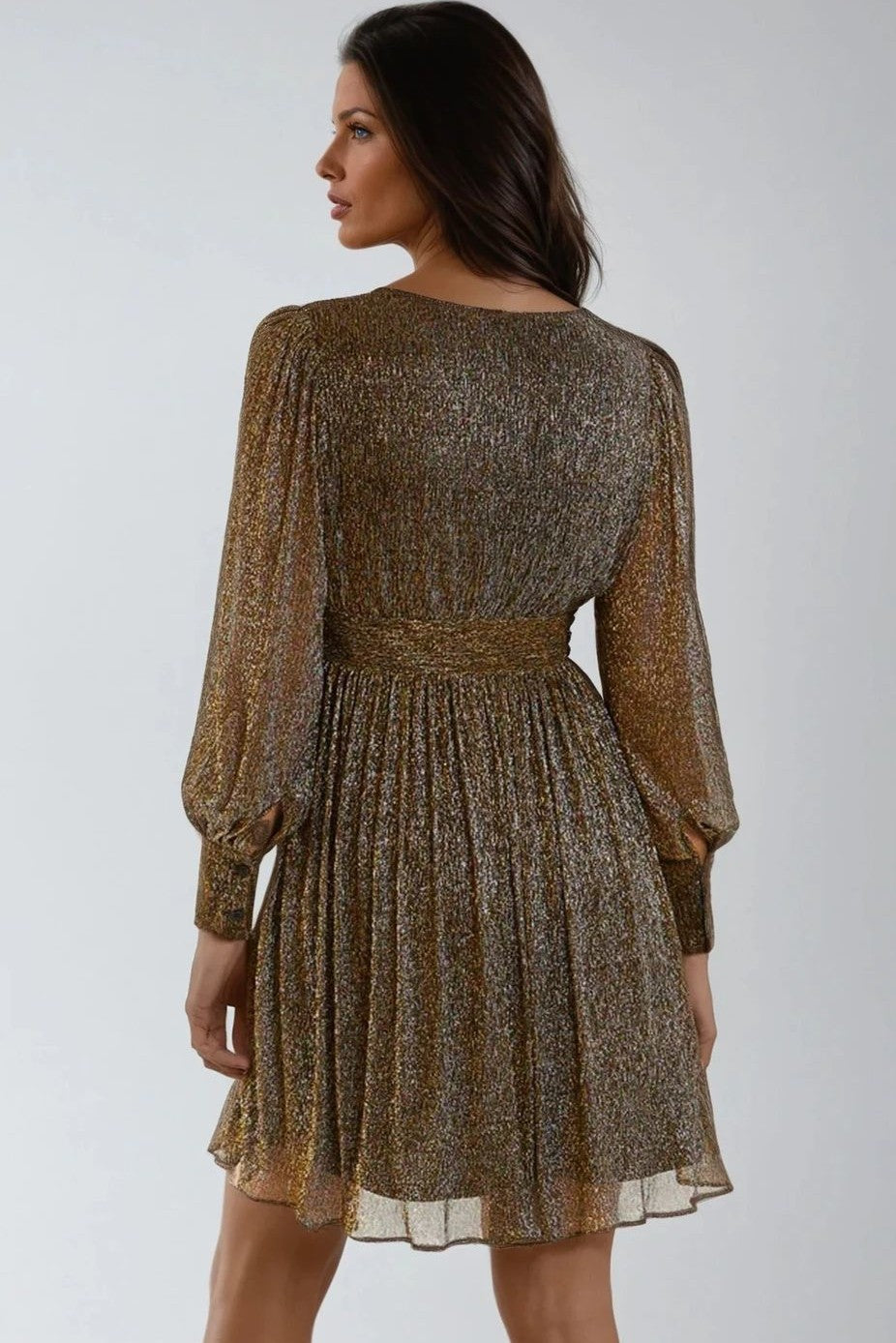 Gold Metallic V-Neck Mini Dress-2