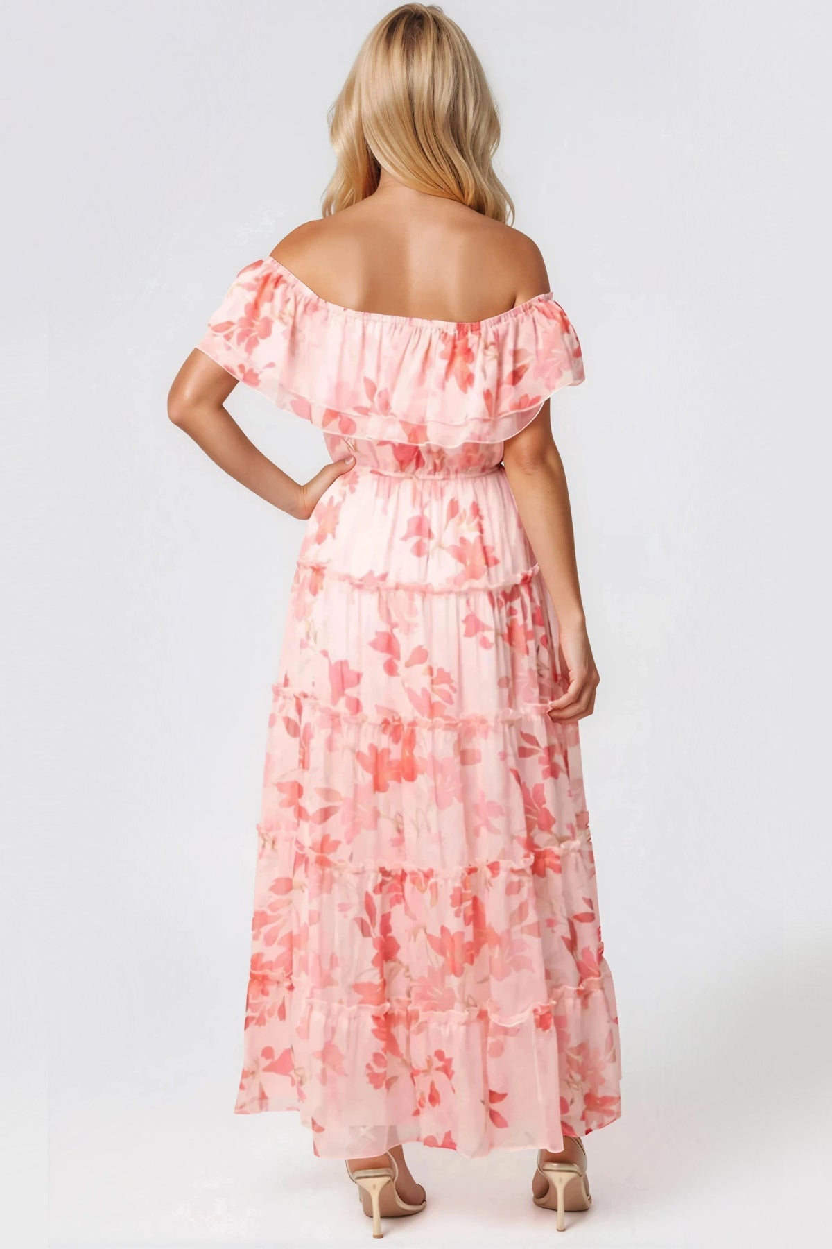 Cooper Allan Pink Floral Bardot Tiered Maxi Dress