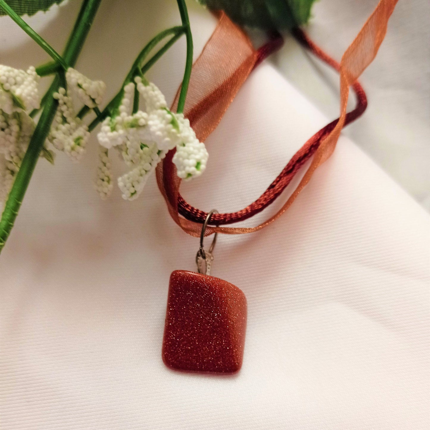 Brown Goldstone Necklace, Brown Ribbon Necklace, Gemstone Necklace | by nlanlaVictory