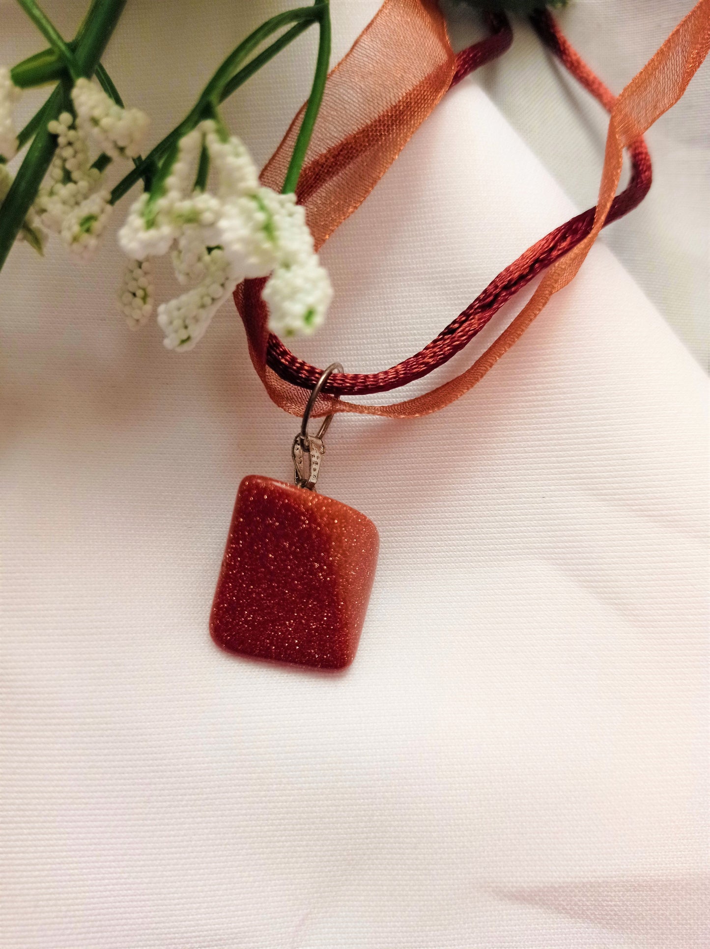 Brown Goldstone Necklace, Brown Ribbon Necklace, Gemstone Necklace | by nlanlaVictory