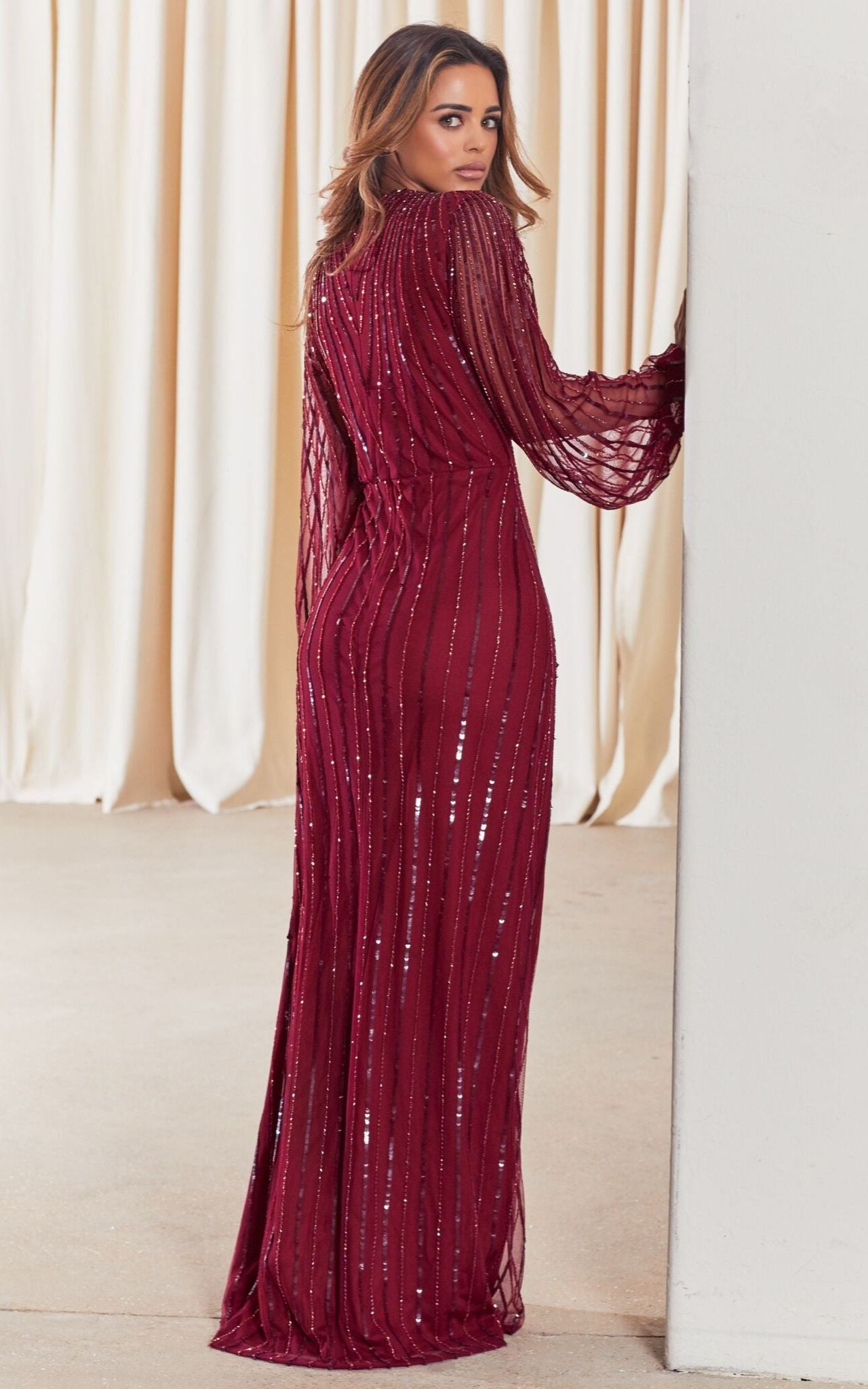Daisianne Berry Sequin Long Sleeve Wrap Maxi Dress-1
