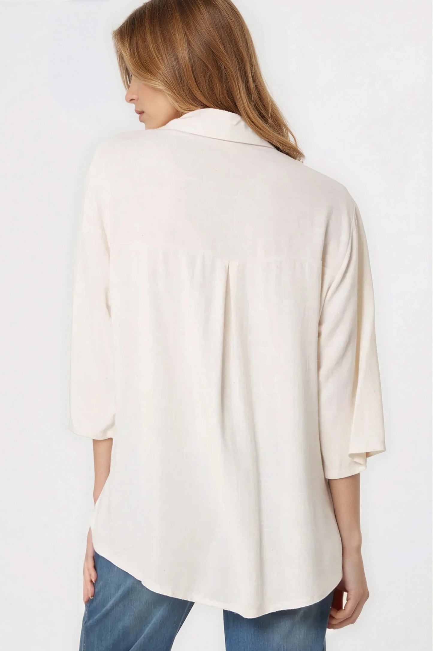 Cooper Allan Denim Floral Crochet Linen Blend Shirt