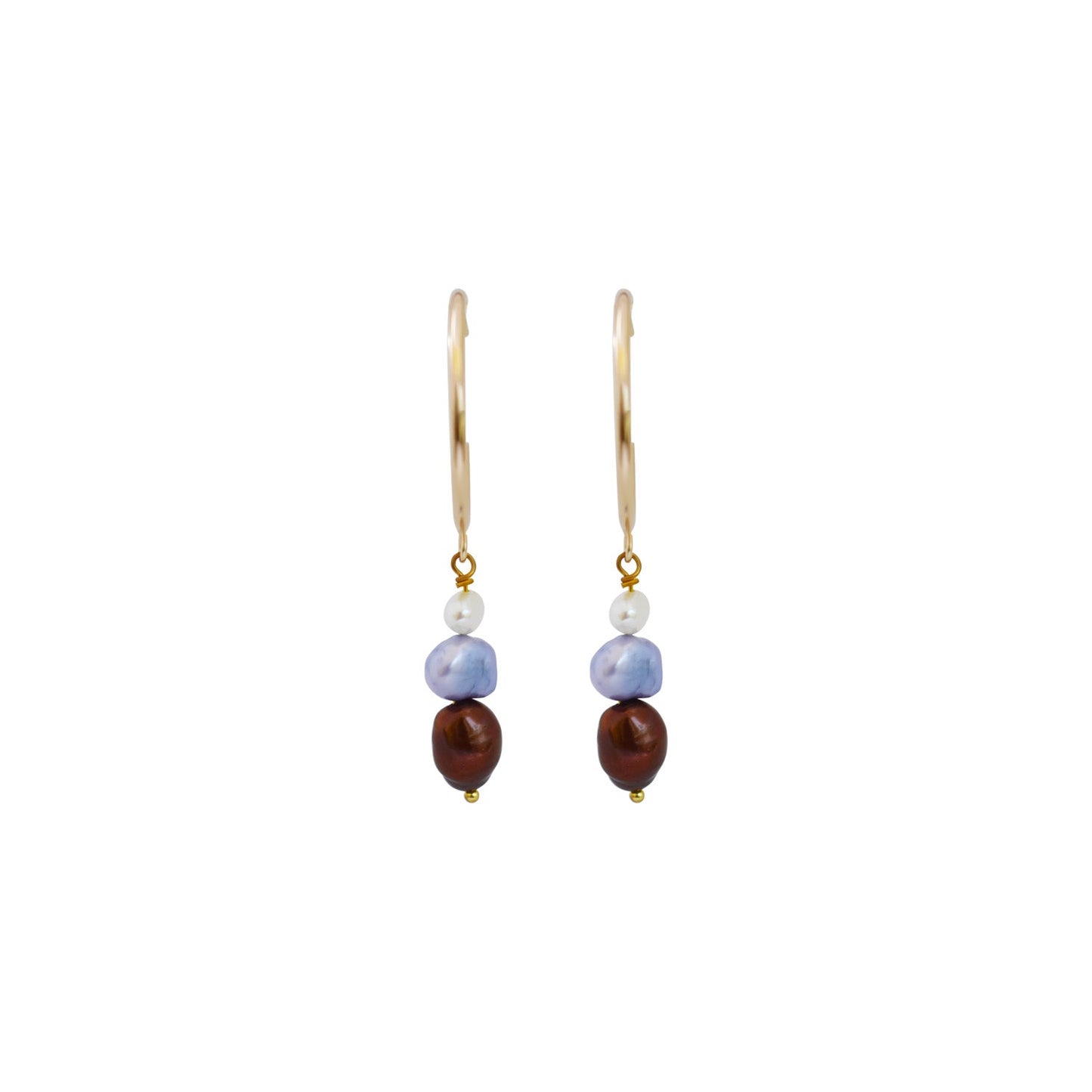 White, purple, and bronze freshwater pearl gold-plated brass hoop earrings | by Ifemi Jewels