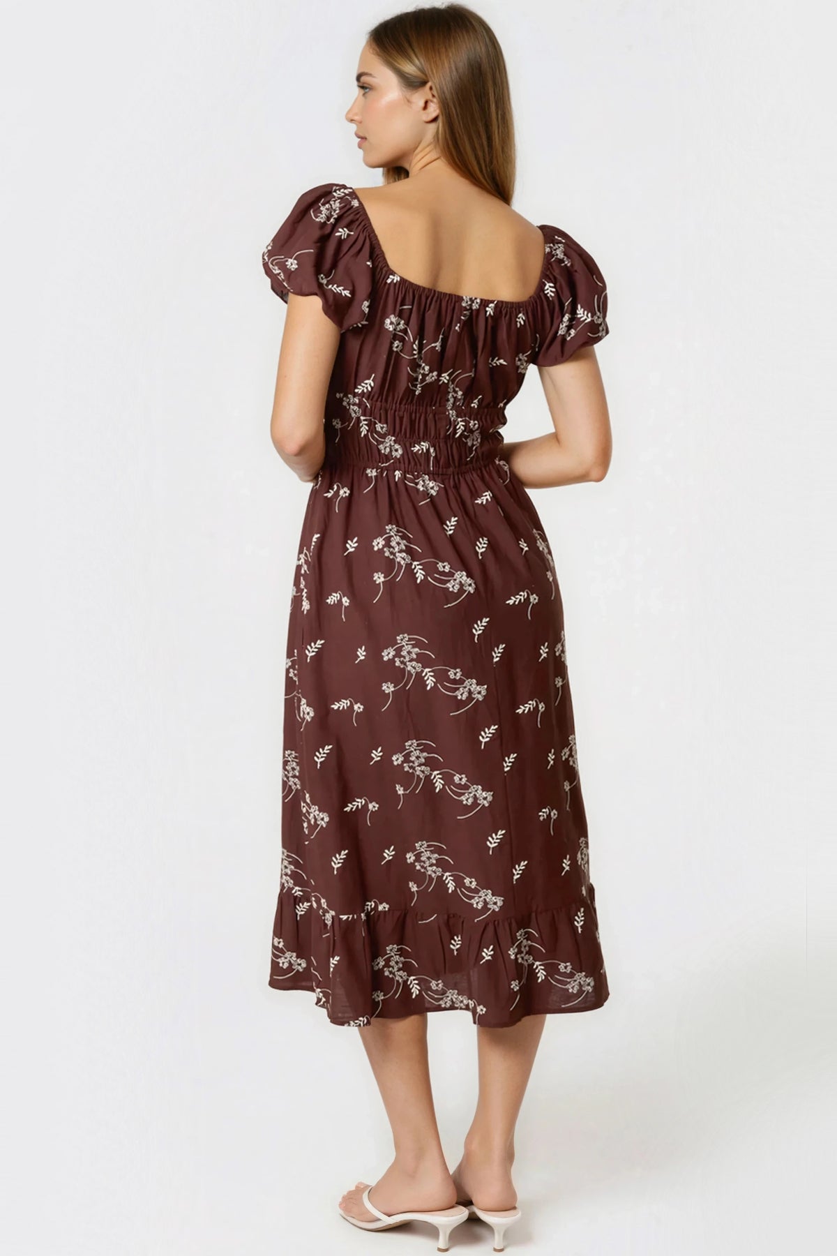 Cooper Allan Brown Embroidered Milkmaid Midi Dress