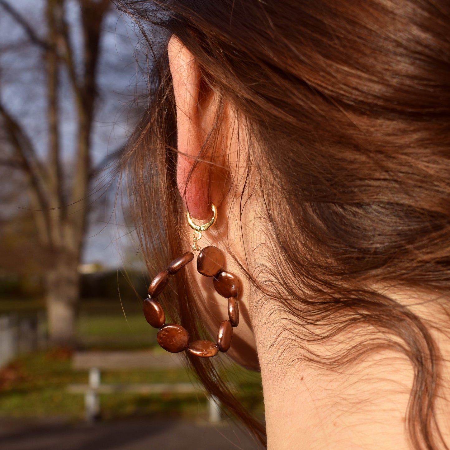 Dark brown freshwater pearl hoop earrings | by Ifemi Jewels