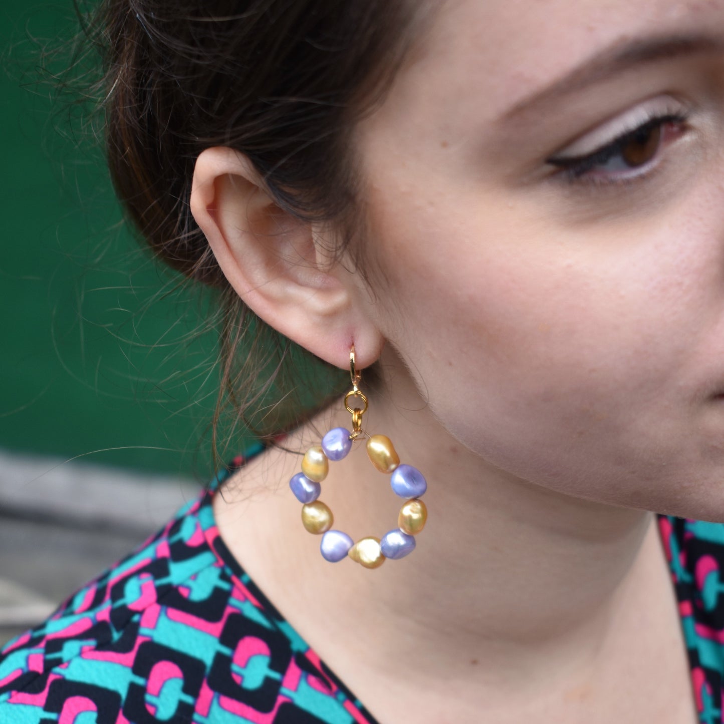 Gold and purple freshwater pearl hoop earrings | by Ifemi Jewels