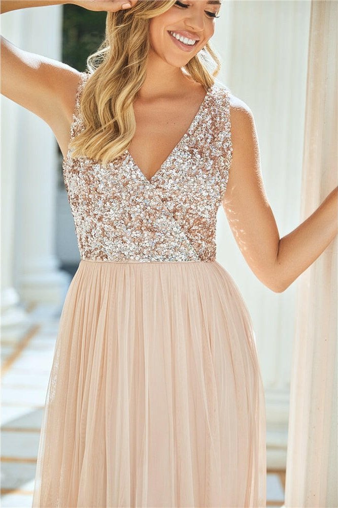 Cooper Allan Valeria Blush Sequin V Neck Maxi Dress