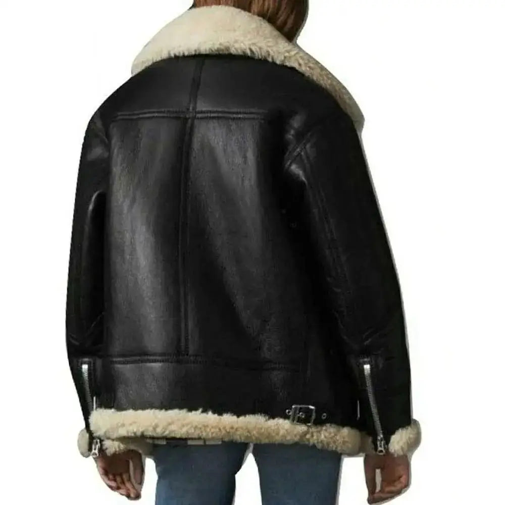 Womens Black Leather Aviator Bomber Jacket