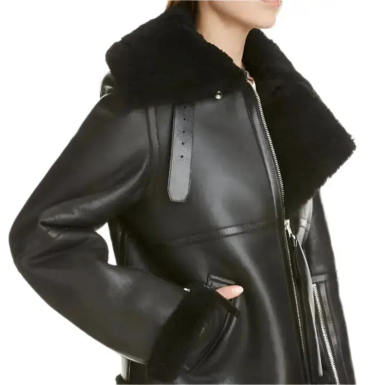 Women’s Black Aviator Sherpa Leather Jacket