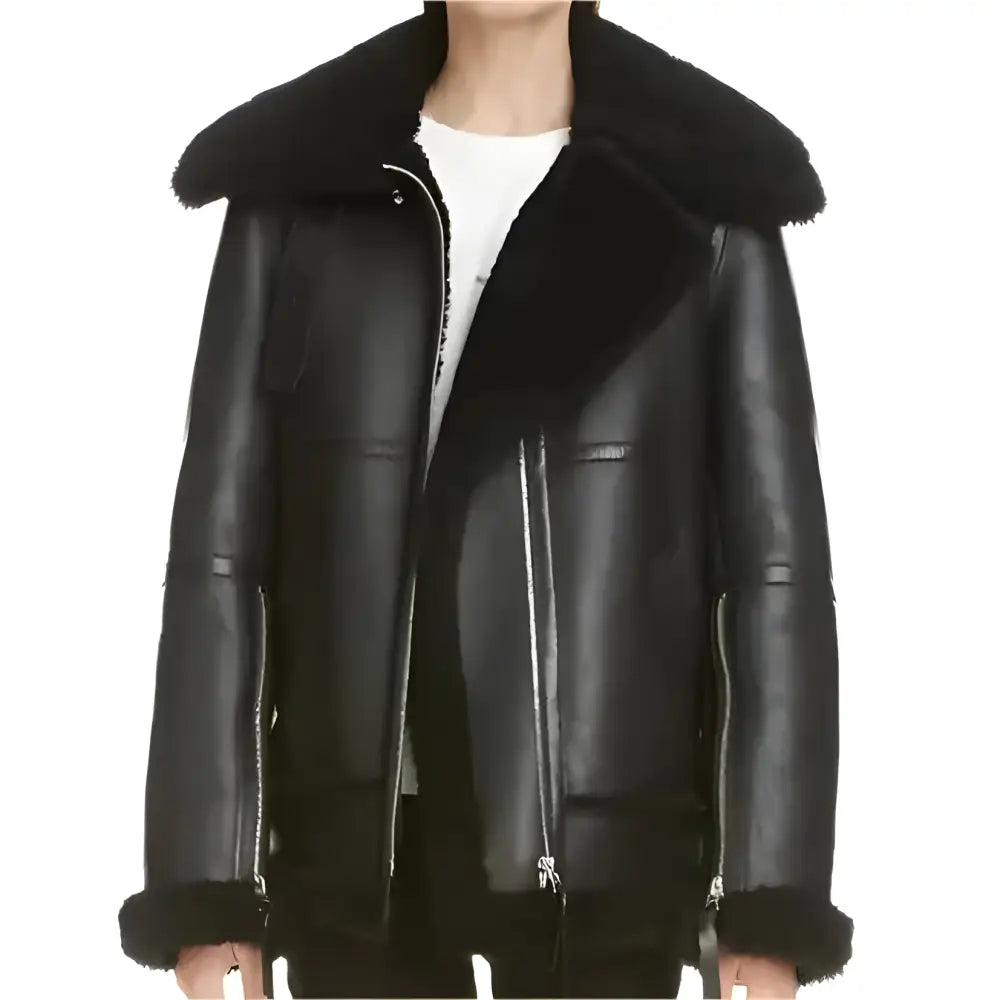 Women’s Black Aviator Sherpa Leather Jacket