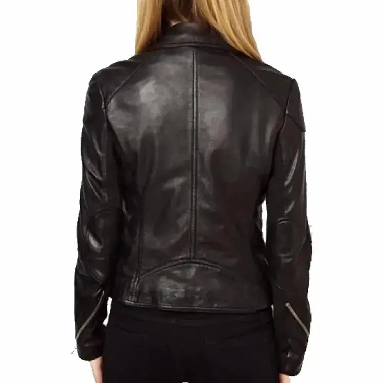 Women’s Black Sheepskin Leather Asymmetrical Jacket