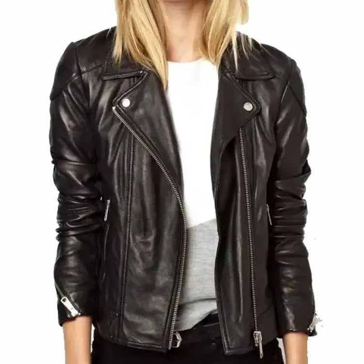 Women’s Black Sheepskin Leather Asymmetrical Jacket