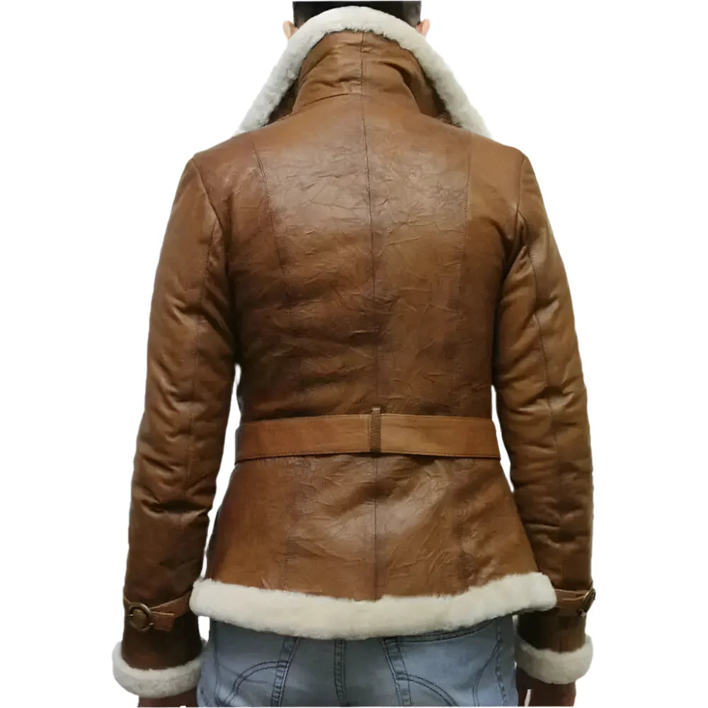 Womens Brown Aviator Shearling Leather Jacket