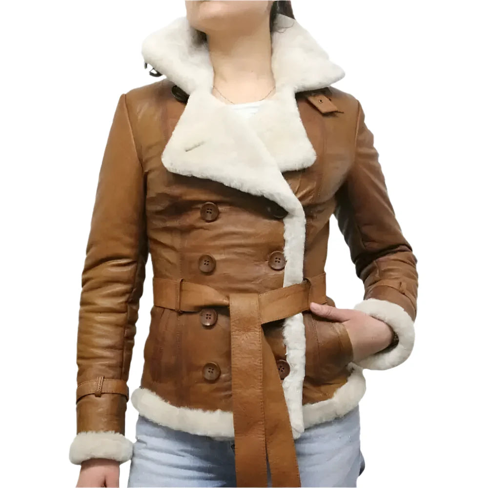 Womens Brown Aviator Shearling Leather Jacket