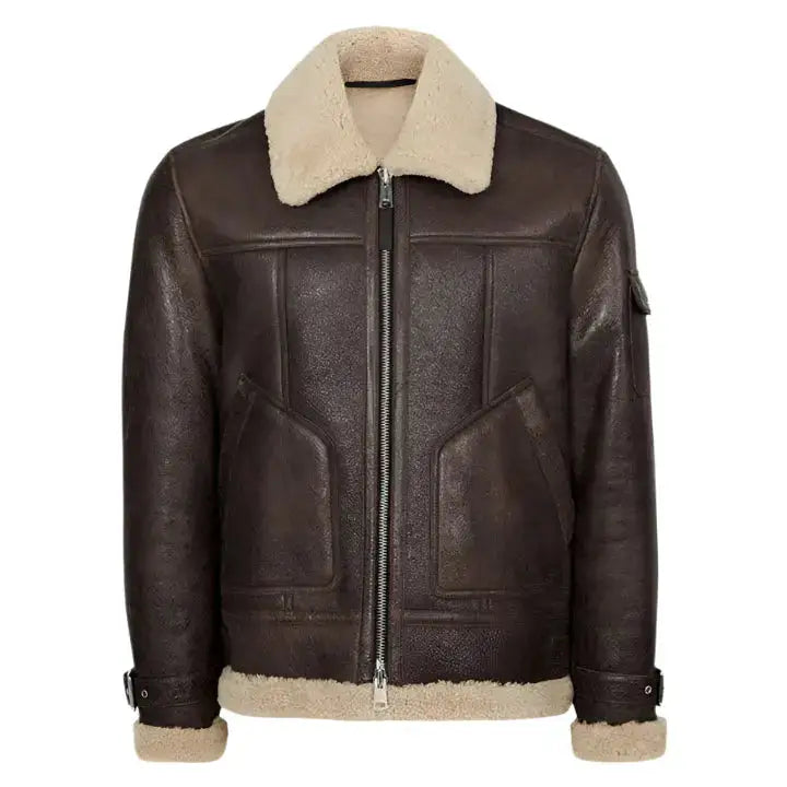 Brown Shearling Collar Aviator Leather Jacket-0