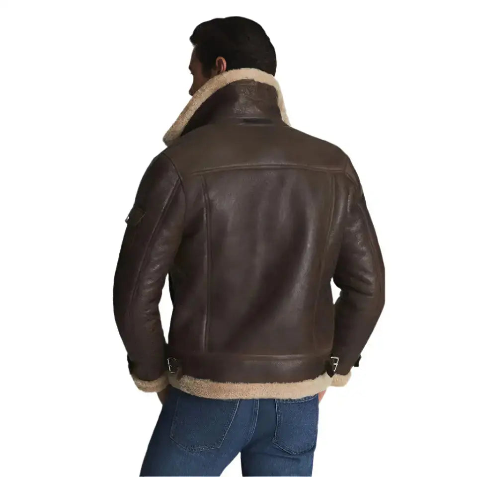 Brown Shearling Collar Aviator Leather Jacket-1