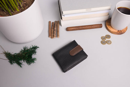 Cooper Allan Men's Bifold Black & Dark Brown Leather Wallet With Large External Coins Pocket With Gusset 24