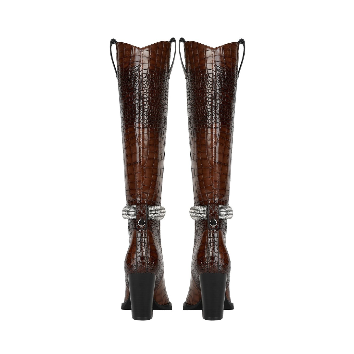 Diamond Encrusted Band Leather Knee High Boots-4