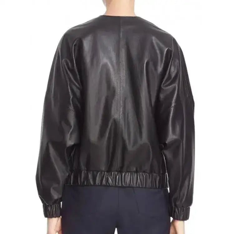 Women's Elegant Black Sheepskin Leather Bomber Jacket-1
