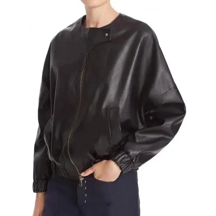 Women's Elegant Black Sheepskin Leather Bomber Jacket-2