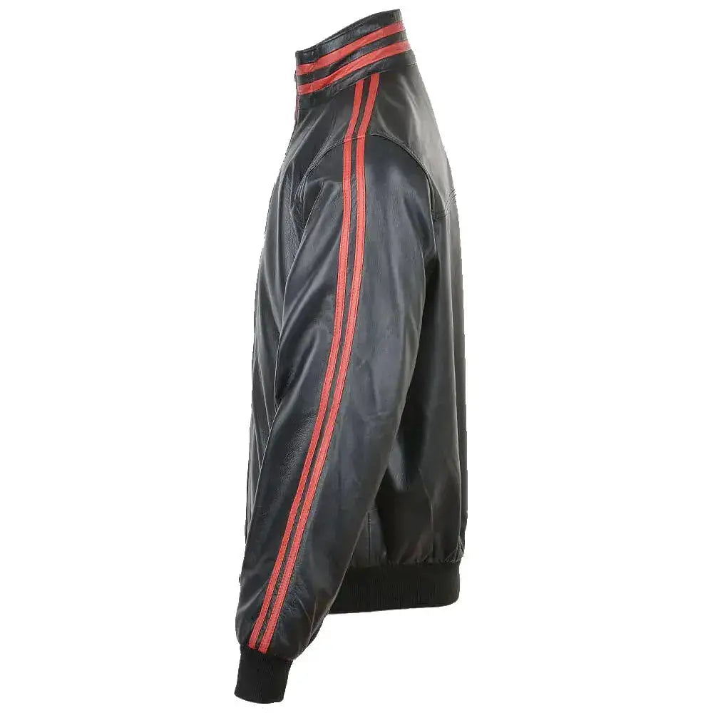 Men's Red Leather Bomber Jacket with Striped Collar