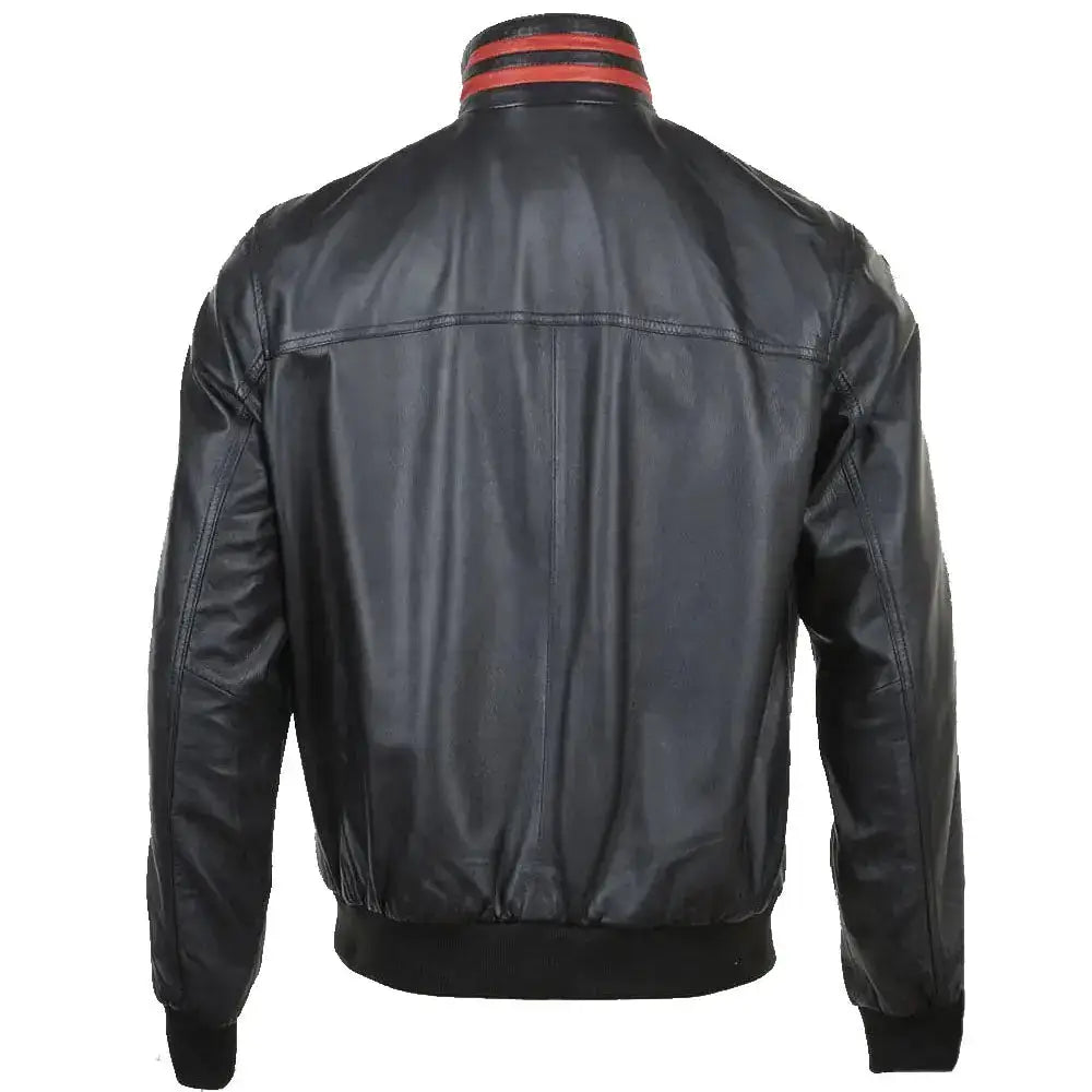 Men's Red Leather Bomber Jacket with Striped Collar