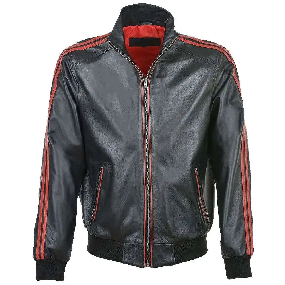 Men's Red Leather Bomber Jacket with Striped Collar