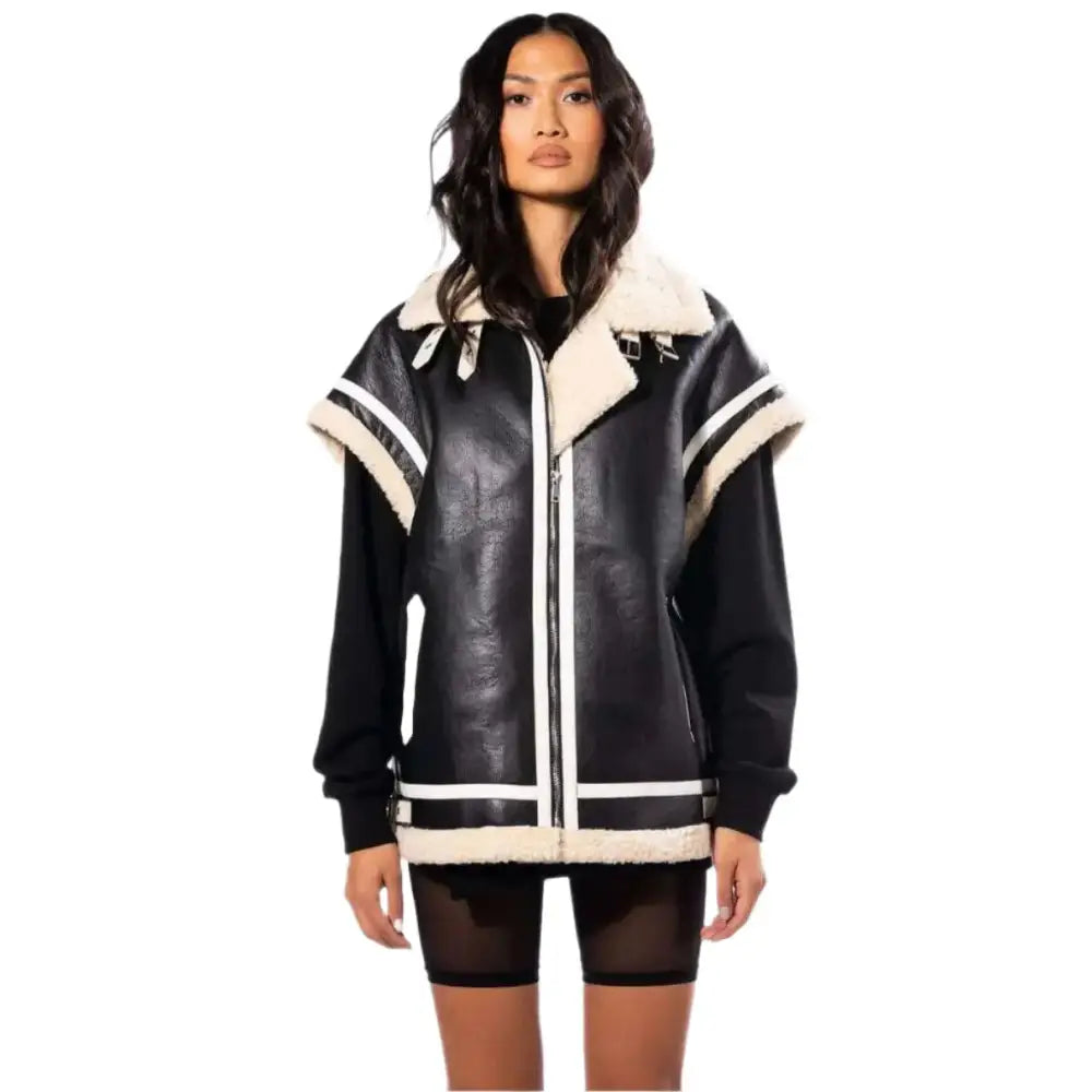 Women's Black Oversized Shearling Utility Vest-2
