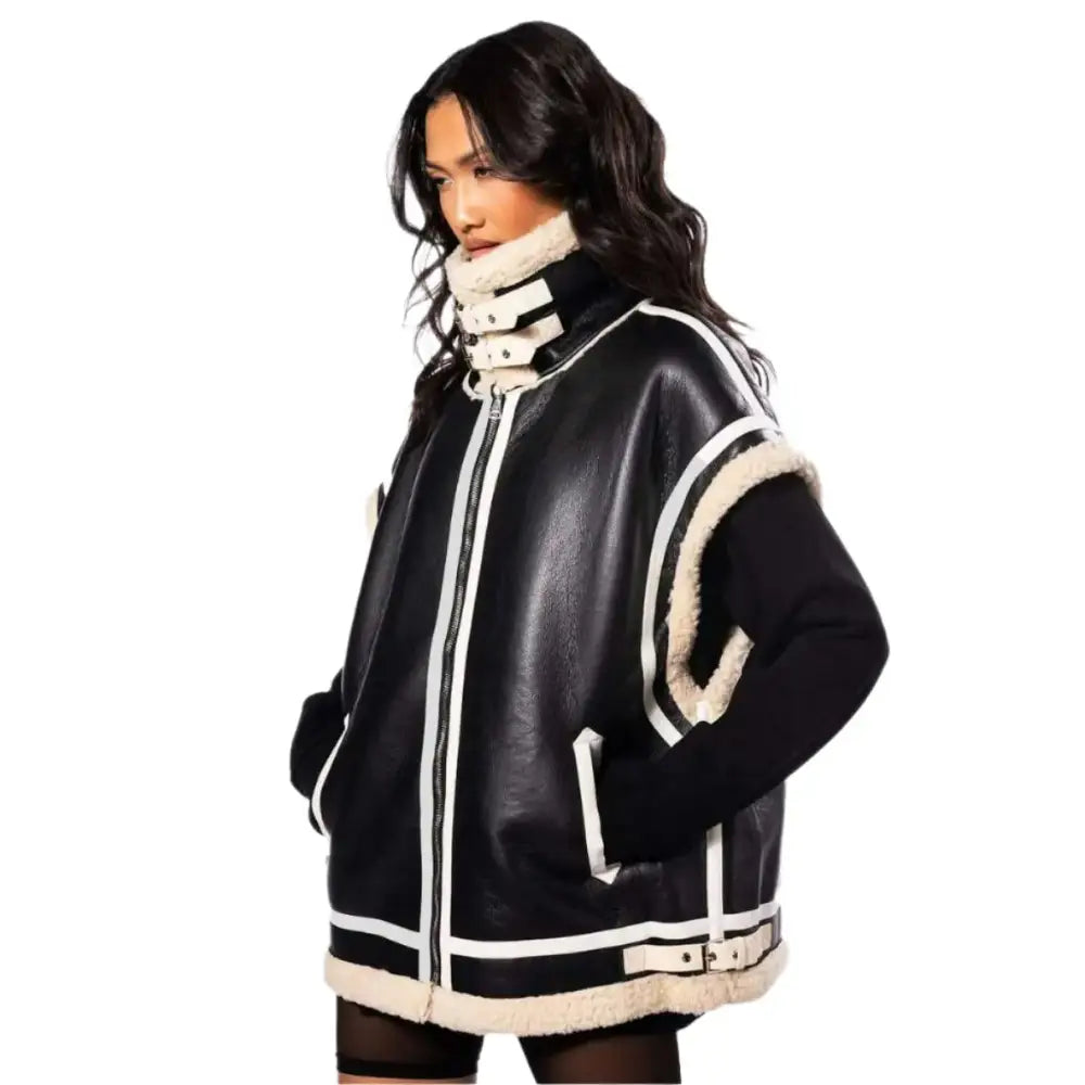 Women's Black Oversized Shearling Utility Vest-1