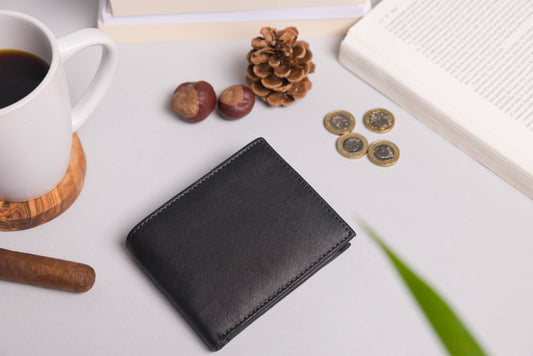 Cooper Allan Men's Bifold Black & Navy Leather Wallet With Large Zip Coin Pocket 20