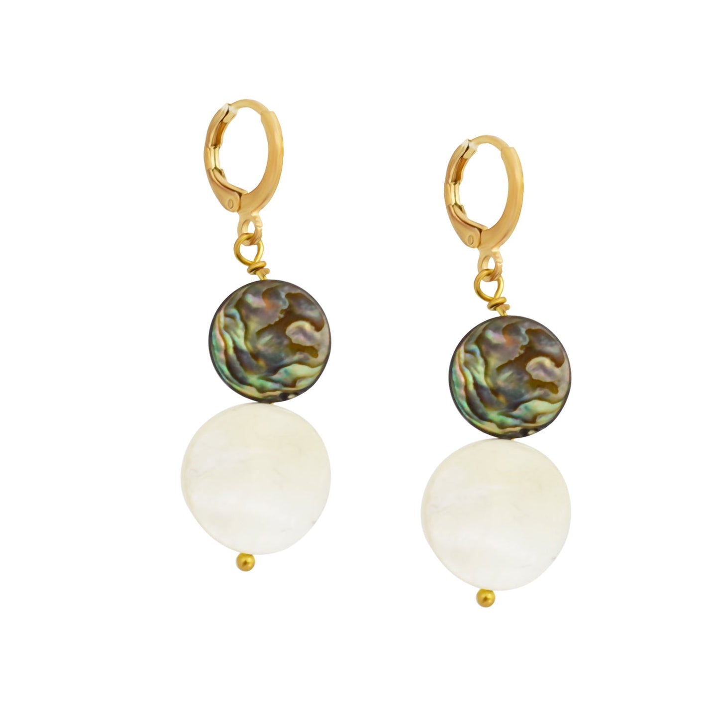 Abalone shell, white coin pearl Huggie Hoop Earrings | by Ifemi Jewels